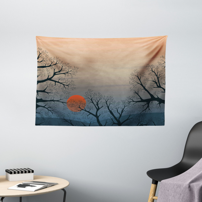 Sunrise Branches Misty Sky Wide Tapestry
