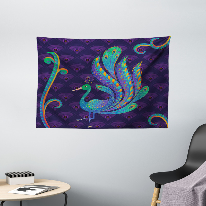 Oriental Bird Feather Wide Tapestry