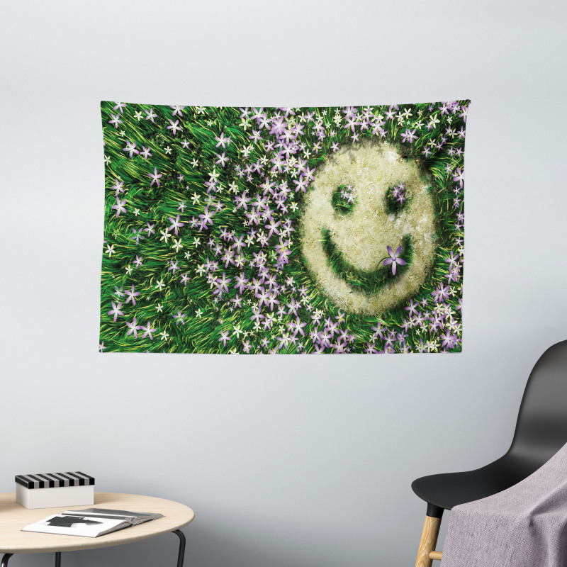 Smiley Emoticon on Grass Wide Tapestry