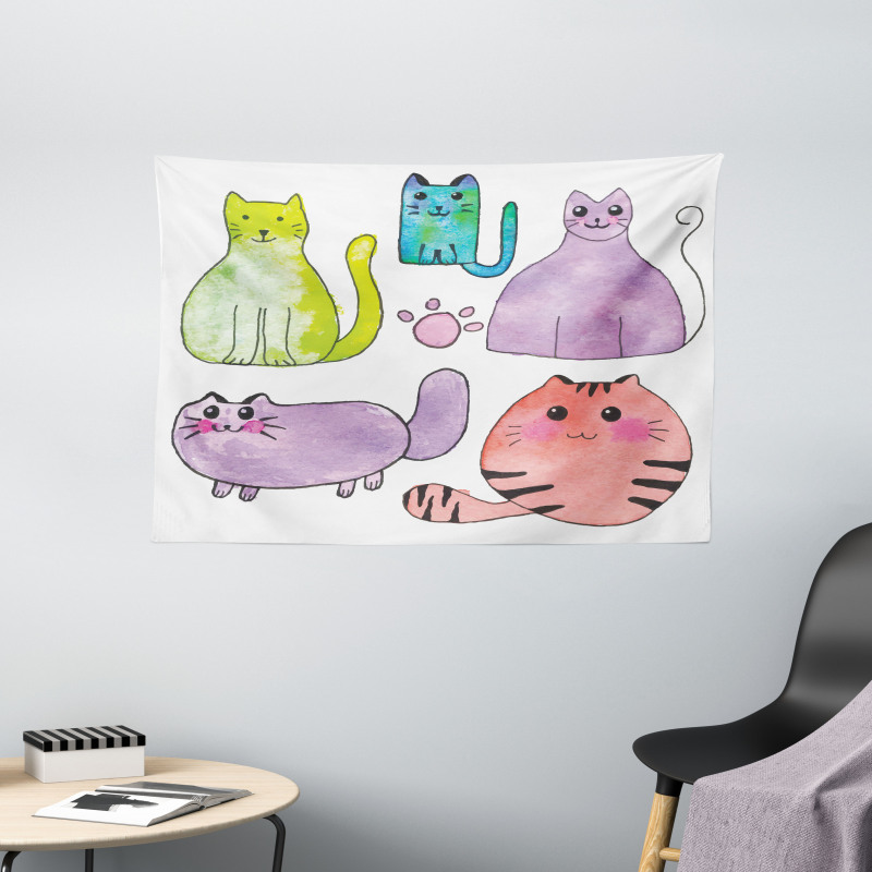 Cats in Watercolor Style Wide Tapestry