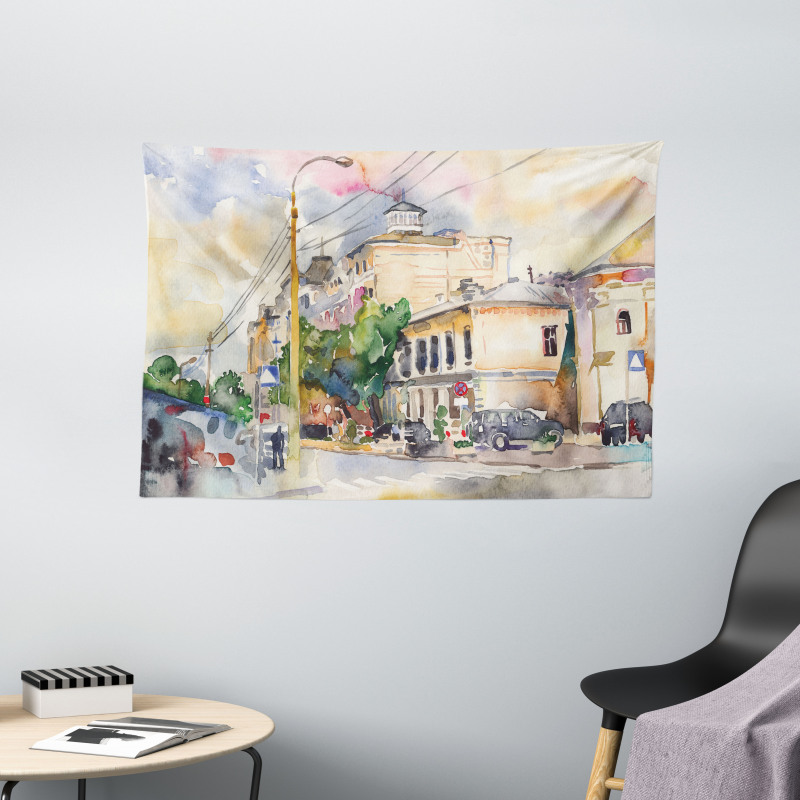 City Street Watercolors Wide Tapestry