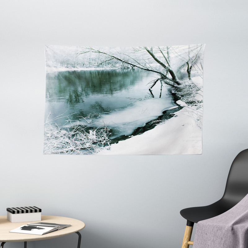 Winter Snowy Foliage Wide Tapestry