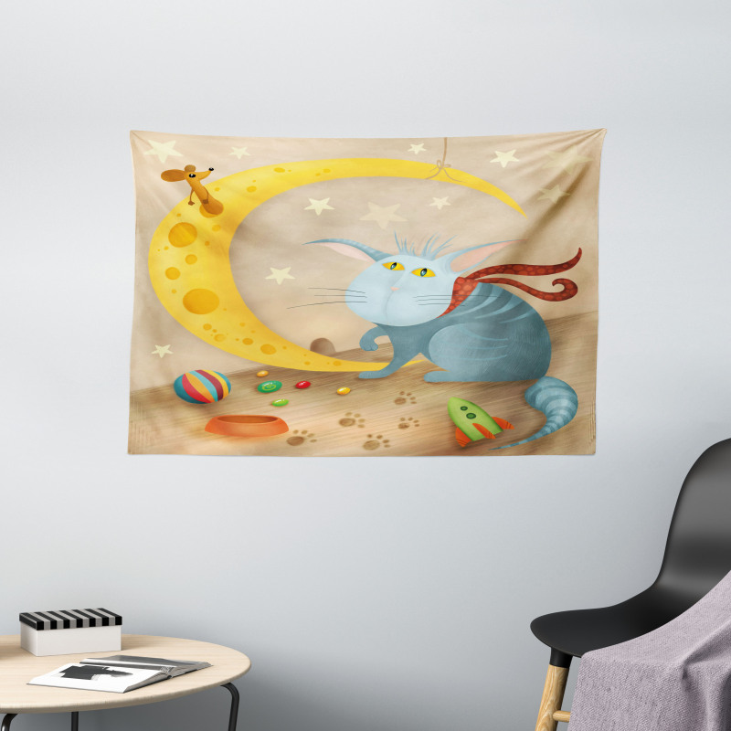 Cat Mouse Crescent Moon Wide Tapestry