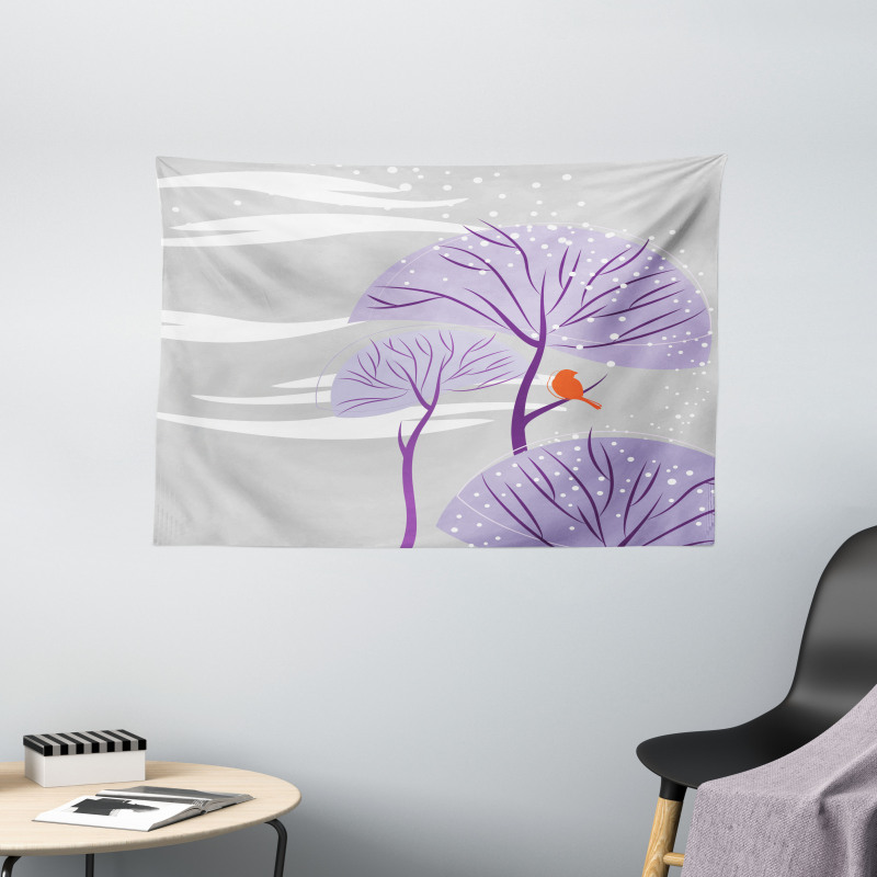 Purple Trees Snow Bird Wide Tapestry