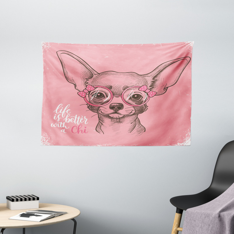 Girl Chihuahua Sketch Words Wide Tapestry