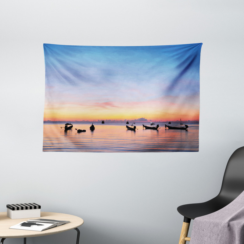 Sunset on Sea Ships Wide Tapestry