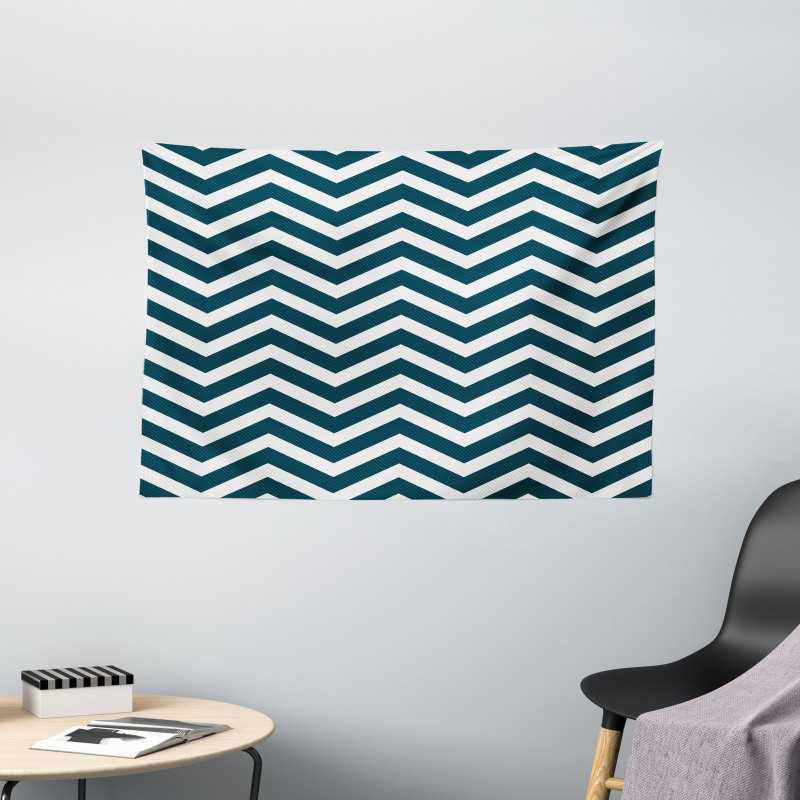 Zigzag Chevron Blue Lines Wide Tapestry