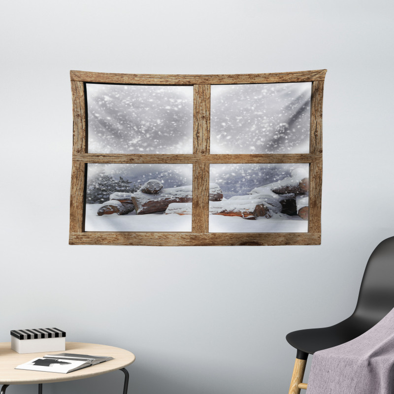 Rustic Snowy Woodsy Frame Wide Tapestry