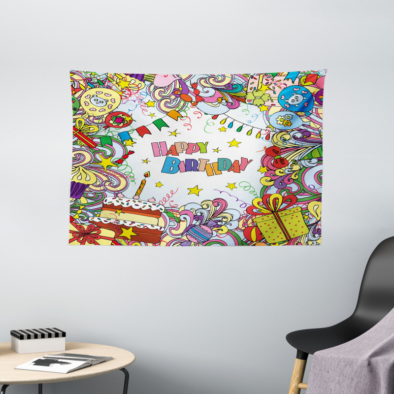 Colorful Cartoon Party Wide Tapestry