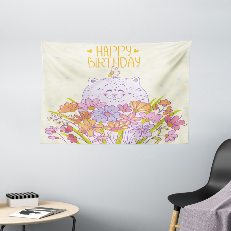 Happy Cat Bird Flowers Wide Tapestry