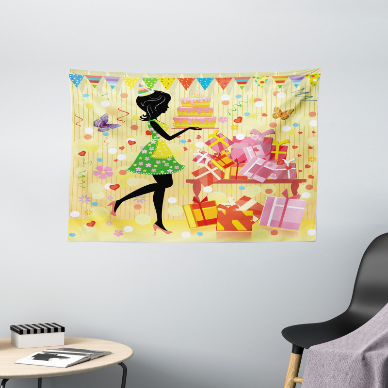 Woman with Birthday Cake Wide Tapestry