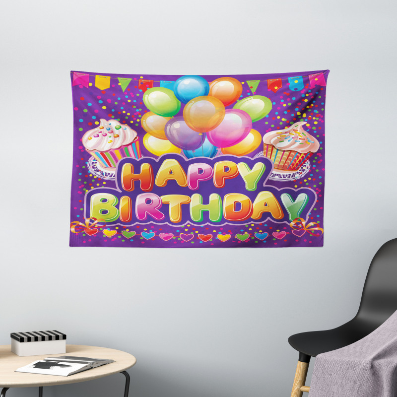 Cupcake Hearts Balloons Wide Tapestry