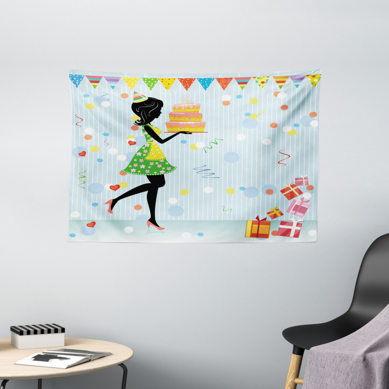 Mother with Cake Cartoon Wide Tapestry