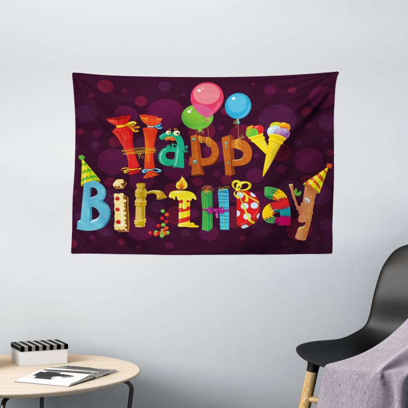 Party Objects as Letters Wide Tapestry