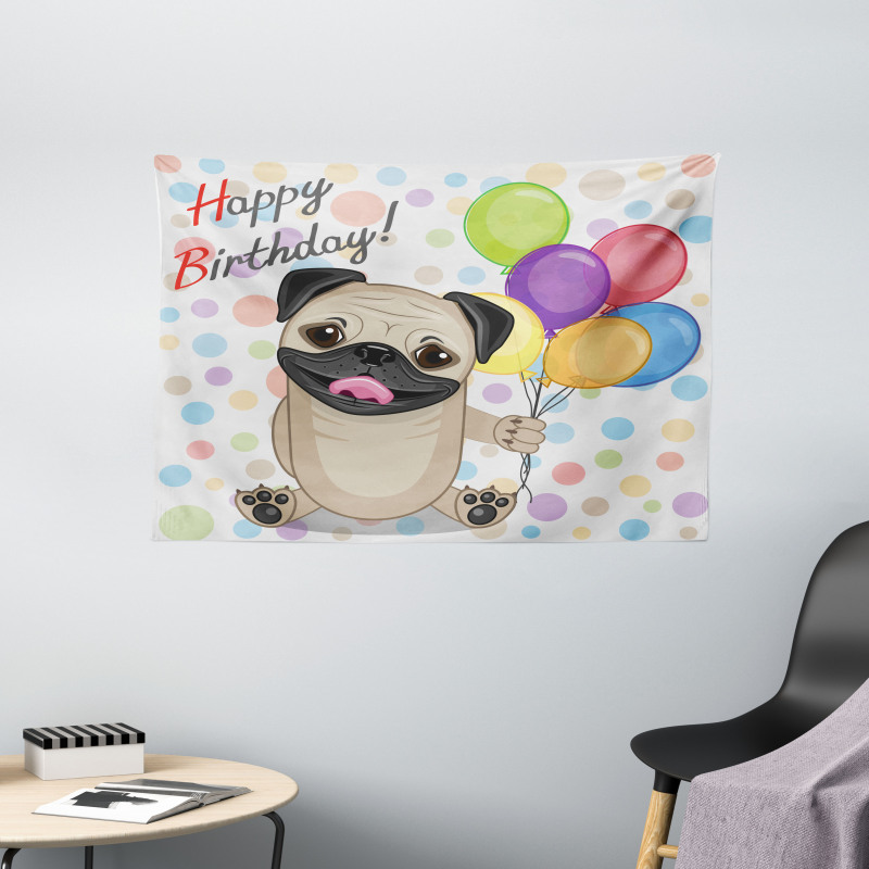 Birthday Pug Dog Wide Tapestry