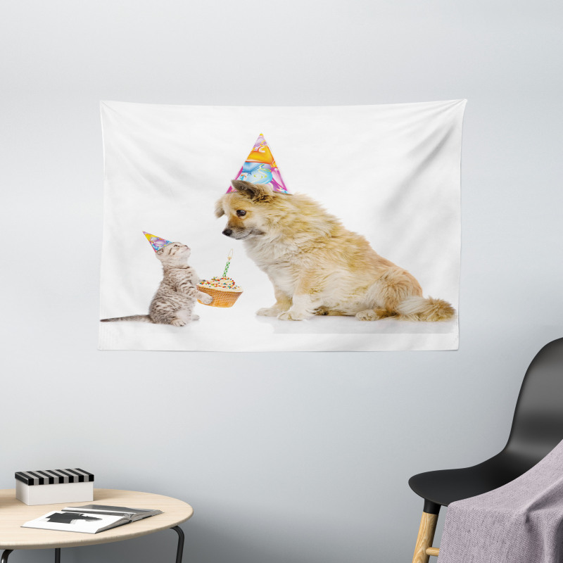 Cat and Dog Birthday Wide Tapestry
