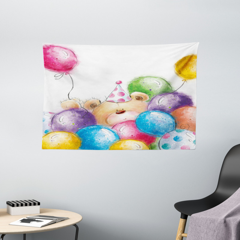 Sketchy Bear Balloons Wide Tapestry