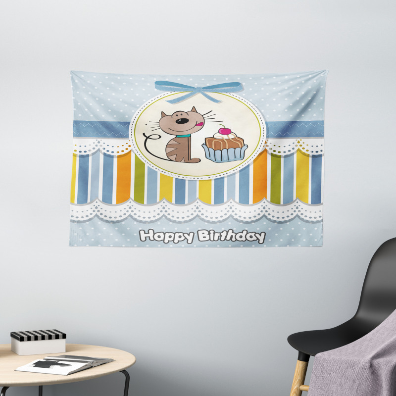 Baby Cat with Cake Wide Tapestry