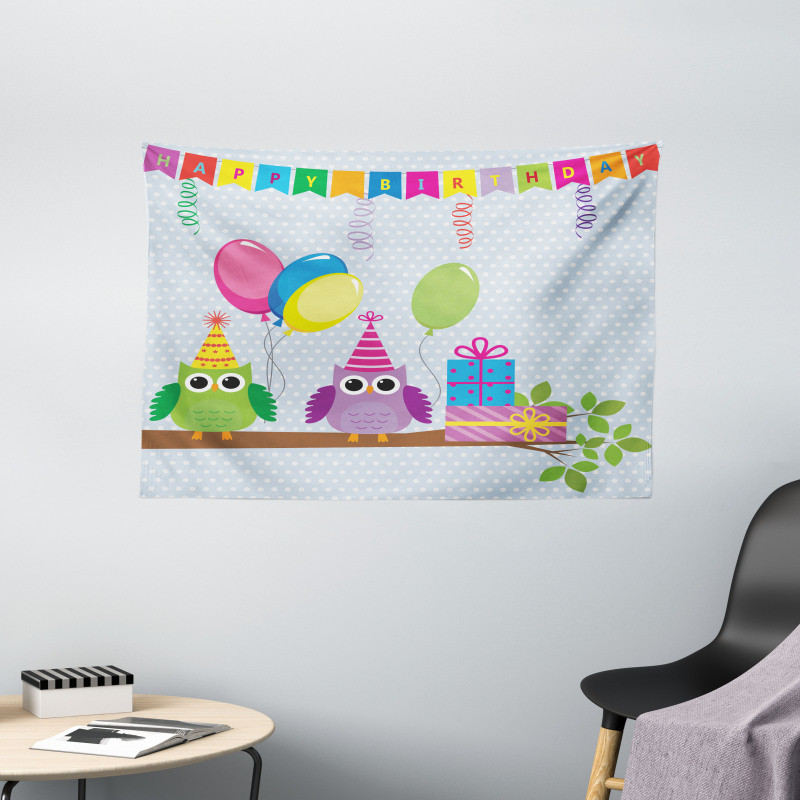 Cartoon Owl at Party Wide Tapestry
