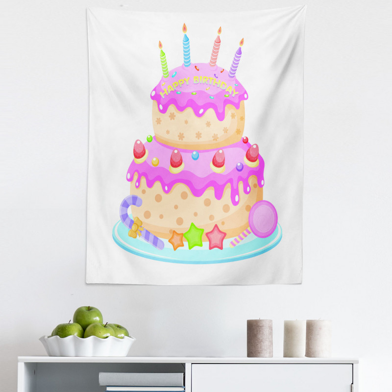 Doğum Günü Mikrofiber Duvar Halısı Çilekli Pasta Desenli