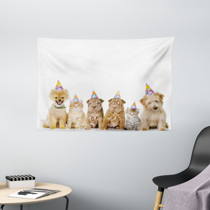 Dogs Cats at a Party Wide Tapestry