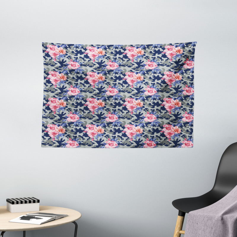 Pink Roses Retro Camo Wide Tapestry