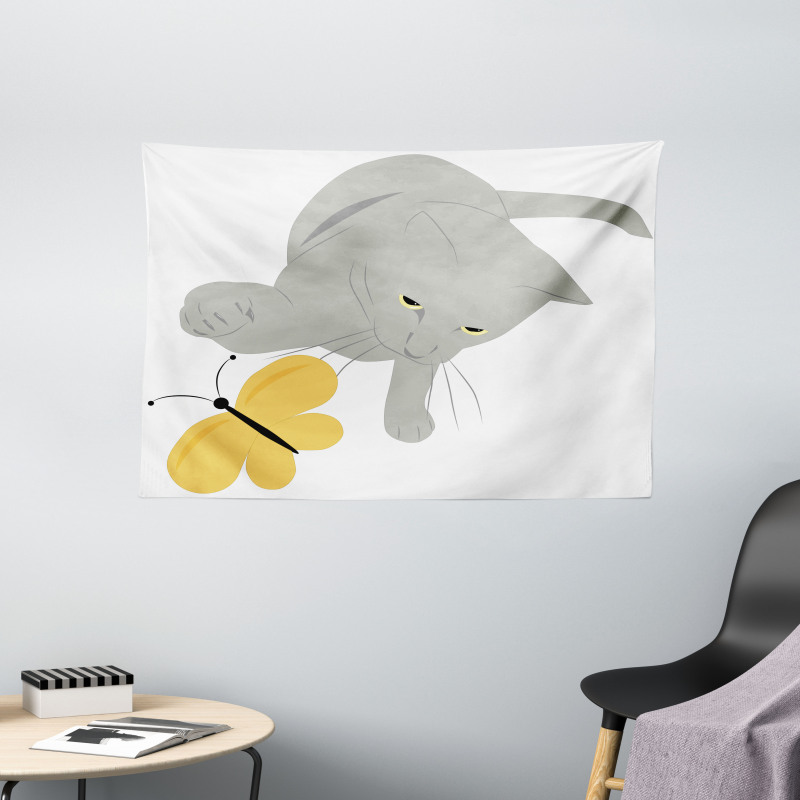 Cat Yellow Moth Wide Tapestry