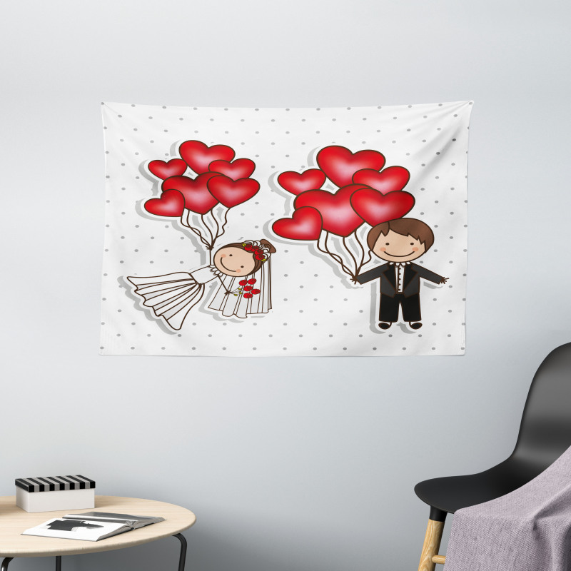 Funny Newlyweds Balloons Wide Tapestry