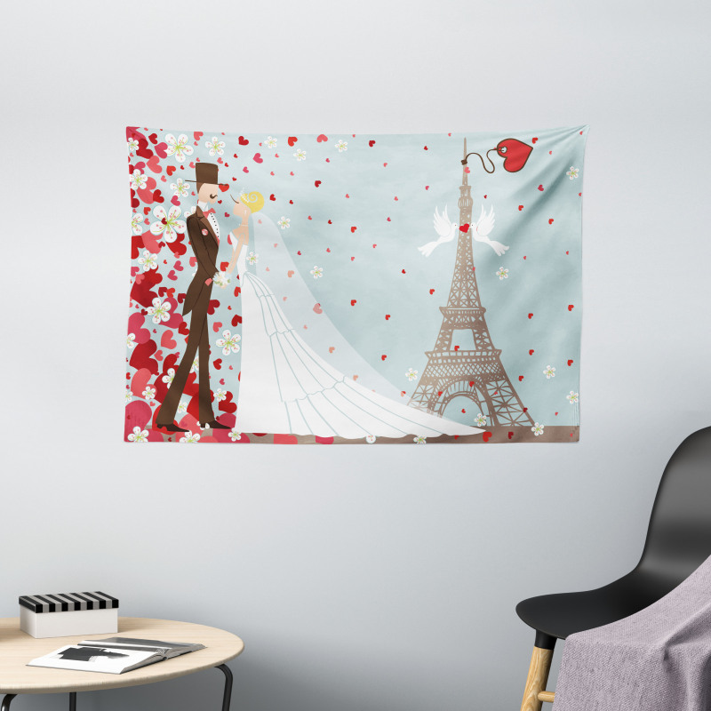 French Couple and Hearts Wide Tapestry