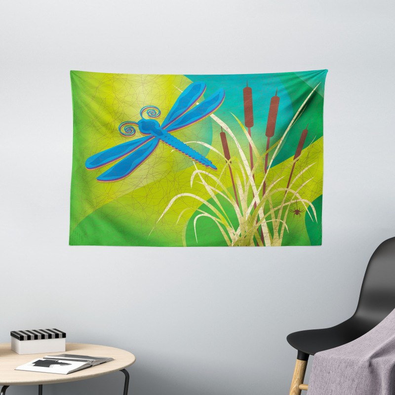 Blue Dragonfly on Green Wide Tapestry