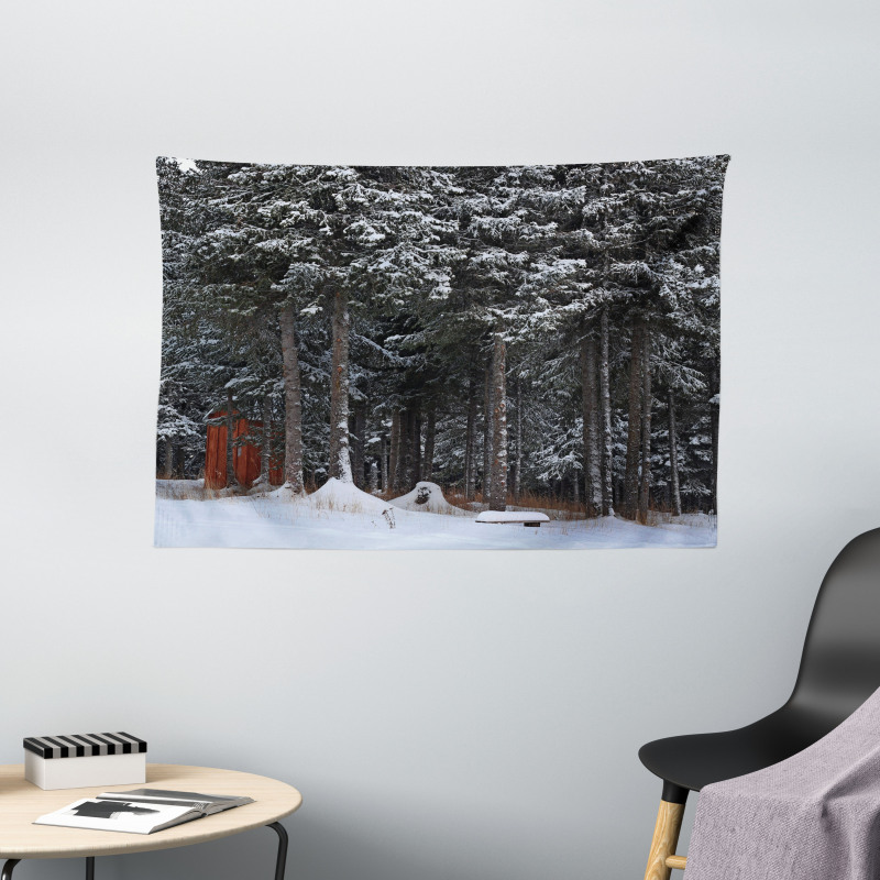 Snowy Forest Cottage Wide Tapestry