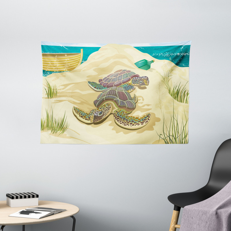 Sea Turtles Sand Boat Wide Tapestry