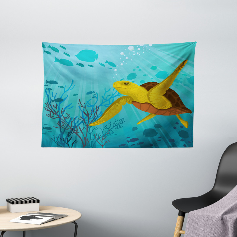 Cartoon Turtle Coral Wide Tapestry