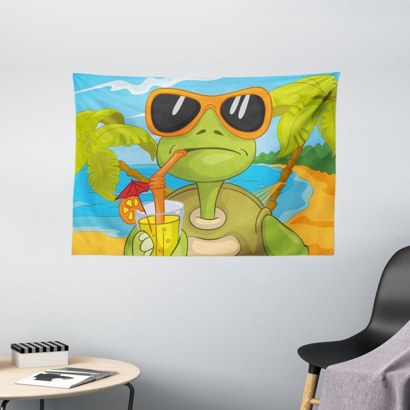 Turtle Drinking Cocktail Wide Tapestry