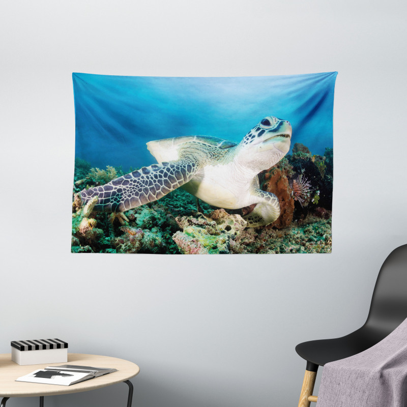 Green Turtle Coral Wide Tapestry