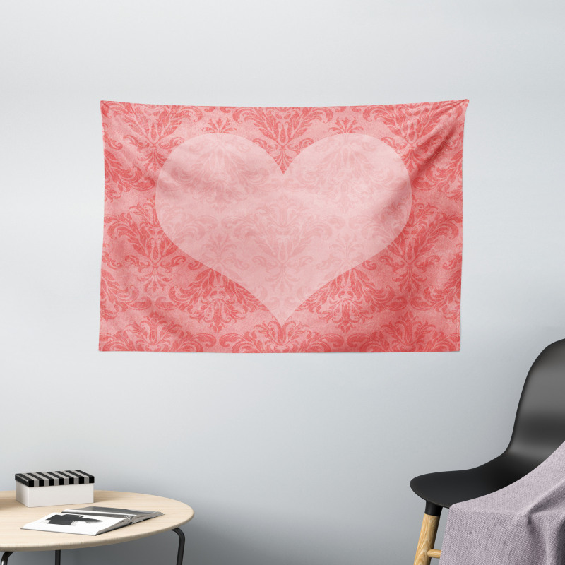 Pink Heart Damask Wide Tapestry