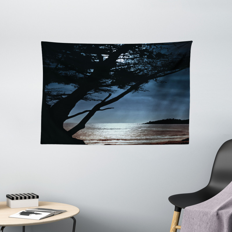 Night Tree Silhouette Sea Wide Tapestry