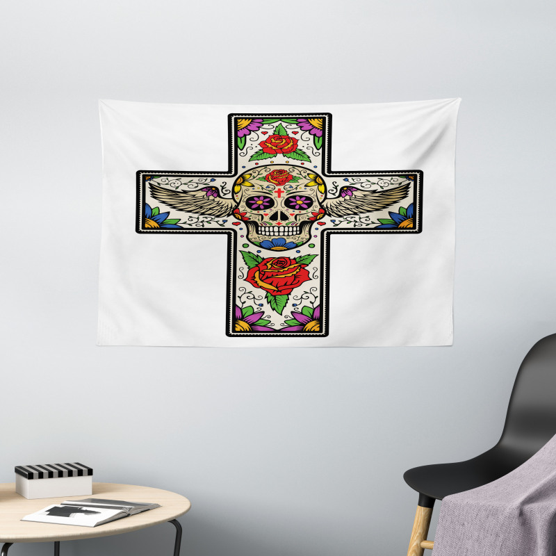 Wing Sugar Skull Roses Wide Tapestry