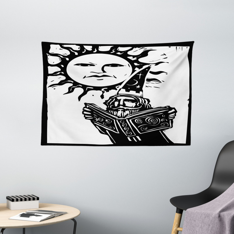Wizard with Magic Book Wide Tapestry