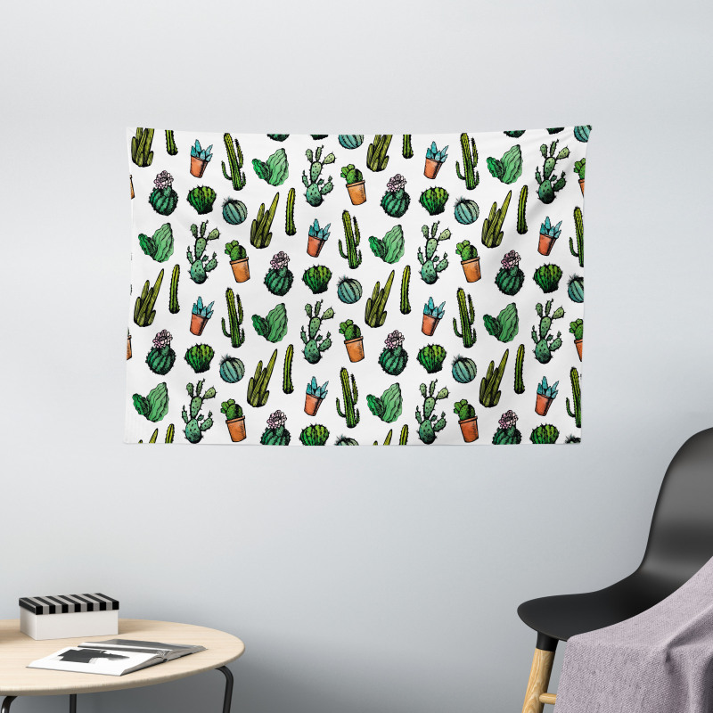 Spiked Cacti Pots Art Wide Tapestry