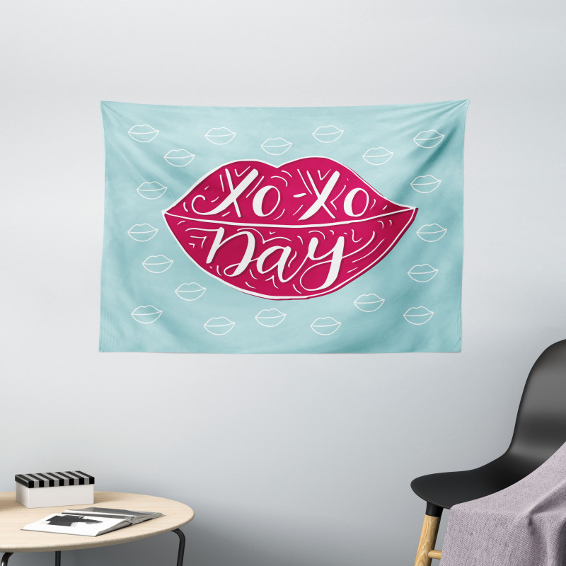 Woman Lips and Phrase Kisses Wide Tapestry