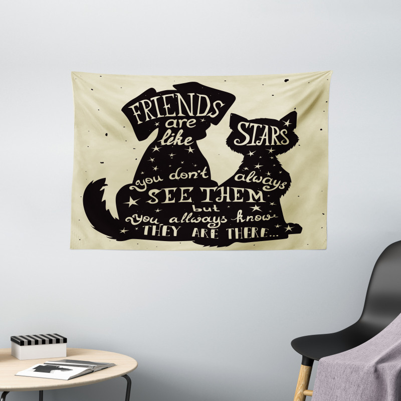 Cat Dog Friends Wide Tapestry