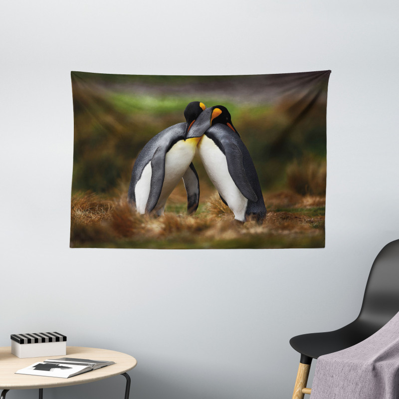 Penguin Couple Cuddling Wide Tapestry