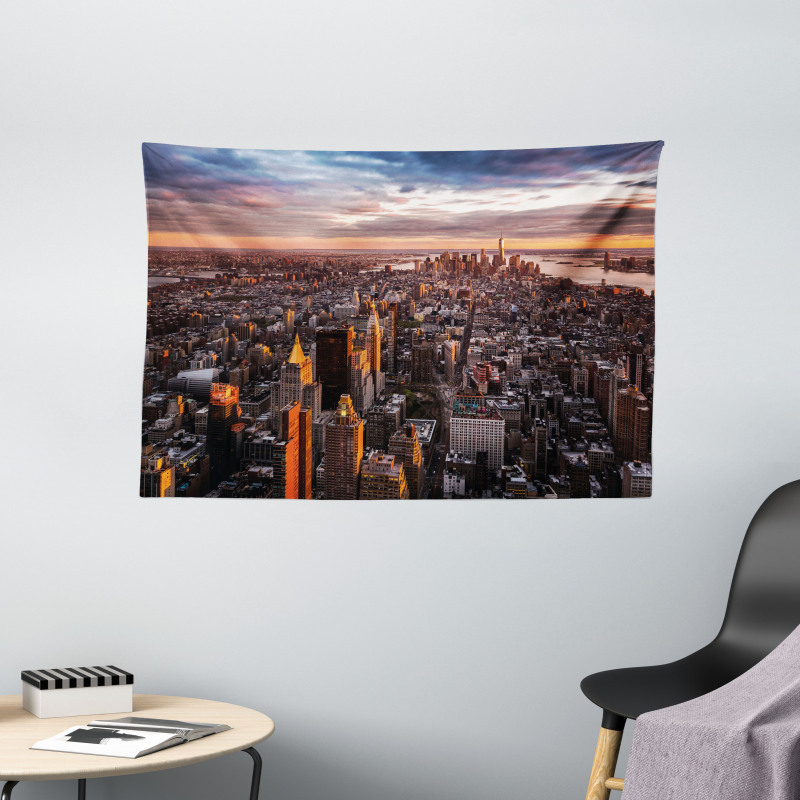 Manhattan Skyline Sunset Wide Tapestry