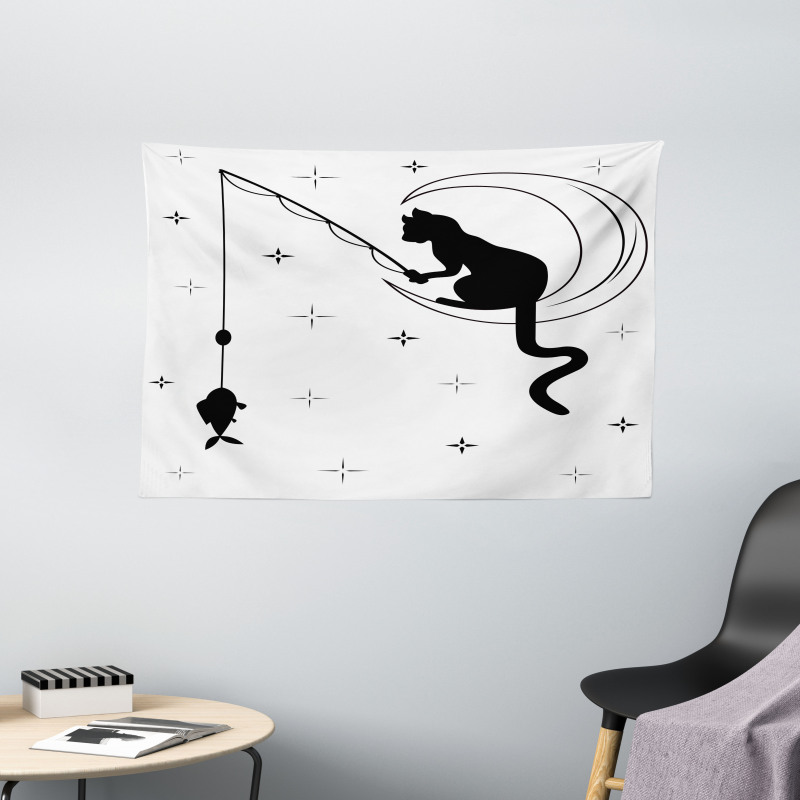 Fishing Kitty on Moon Art Wide Tapestry