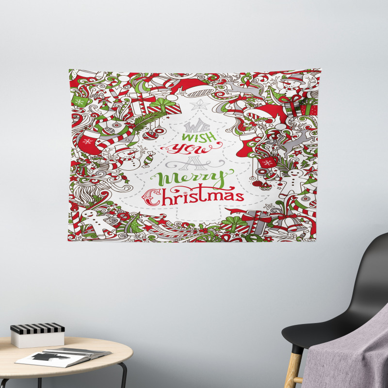 Santa Snowman Wishes Wide Tapestry