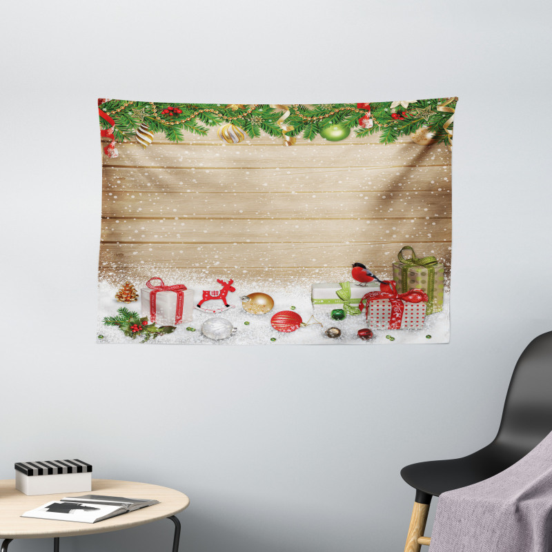 Pine Wood Planks Snow Wide Tapestry