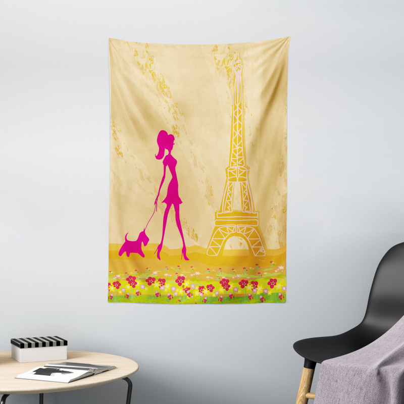 Pink Girl Dog Eiffel Tapestry