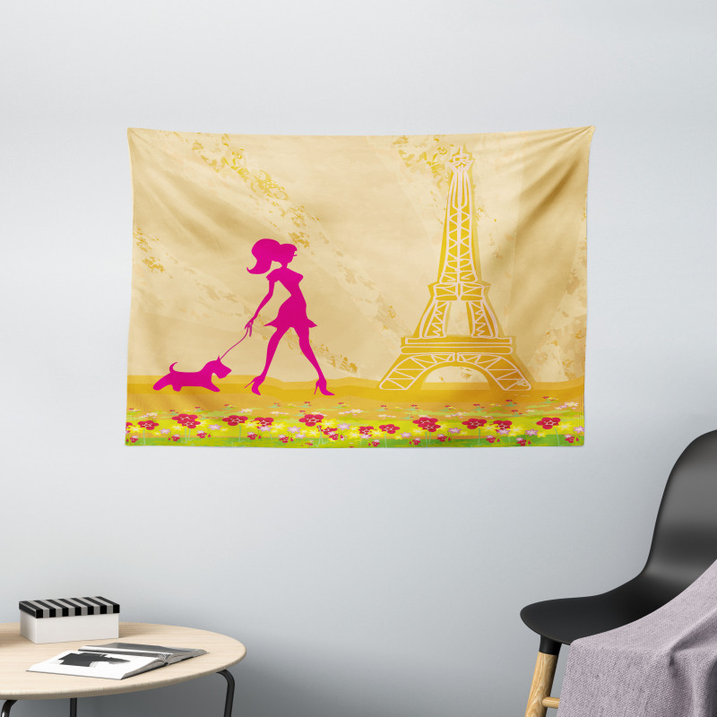 Pink Girl Dog Eiffel Wide Tapestry