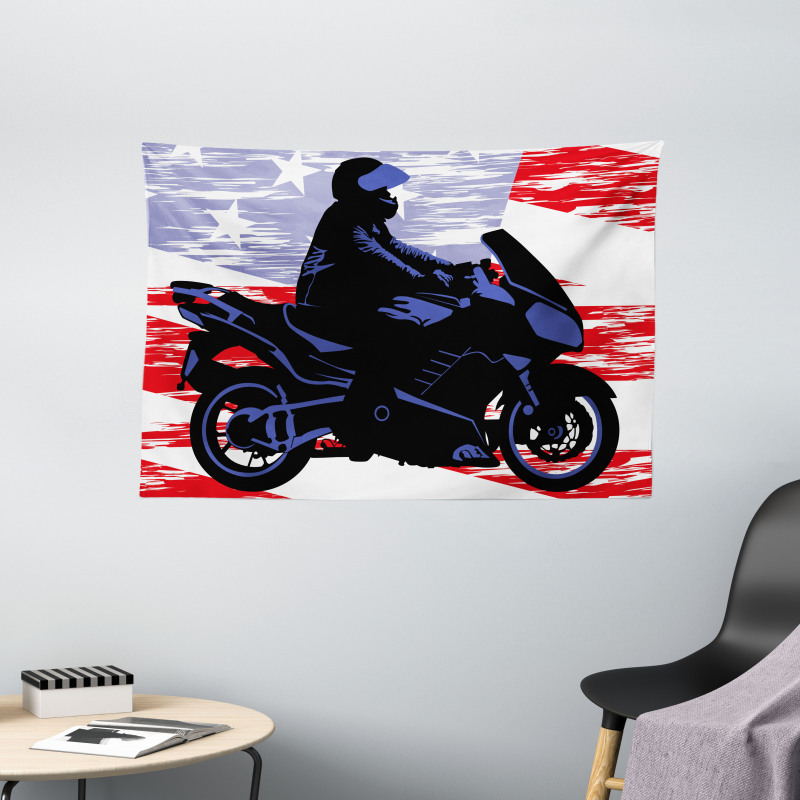 Man on Motorcycle Wide Tapestry